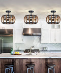 Dope Black Farmhouse Ceiling Light Fixture With Wood Grain Metal Finish, 3-Light Drum Semi-Flush Mount in modern kitchen