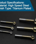 Aracombie 6-pack 3-flute 90° countersink drill bit set; titanium HSS end mills for metal and wood
