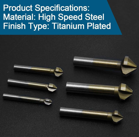 Aracombie 6-pack 3-flute 90° countersink drill bit set; titanium HSS end mills for metal and wood