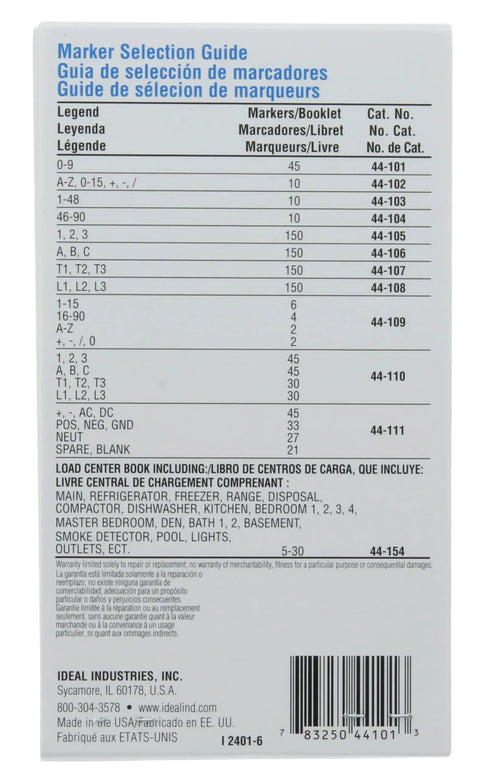 Back cover of Pro Grade Wire Labeling Booklet With 0 Through 9 Legend, 45 markers, showing marker selection guide and barcode.