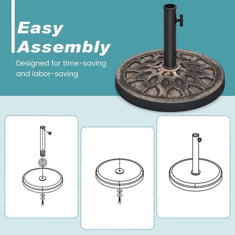 Beefy 30 Lb Umbrella Base With Adjustable Knob For 1.5 To 1.9 Inch Poles Round Resin Parasol Stand With Decorative Pattern Easy Setup Stable Patio Umbrella Holder For Outdoor Use; diagram and easy assembly graphic included