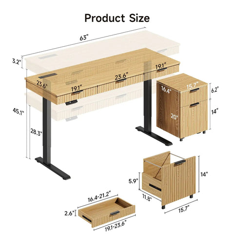 Smooth Operator Electric Standing Desk With Slim File Cabinet 63 Inch Height Adjustable Sit Stand Work Table dimensions with sizes.