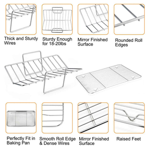 Collage of Stainless Steel Roasting Pan Set 16 Inch With V Rack And Cooling Rack For Roasting Turkey Lasagna And More.