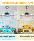 Remote Control Crystal Ceiling Fan Light 42 Inch Invisible Chandelier illustrating reversible airflow function in bedroom