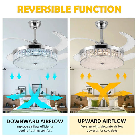 Remote Control Crystal Ceiling Fan Light 42 Inch Invisible Chandelier illustrating reversible airflow function in bedroom