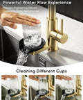 OWOFAN Pull Down Kitchen Faucet with Cup Washer Brushed Gold in action, rinsing glassware with powerful water flow.