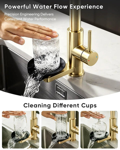 OWOFAN Pull Down Kitchen Faucet with Cup Washer Brushed Gold in action, rinsing glassware with powerful water flow.