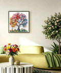Living room decor featuring a 5D Diamond Painting Kit For Adults Beginners Colorful Flower Tree Special Shape Full Drill Diamond Art Dots Gem Craft Set For Home Wall Decor 12 By 12 Inch Includes Easy Setup Diamond Pen Tray Glue And Tweezers hanging on the wall.