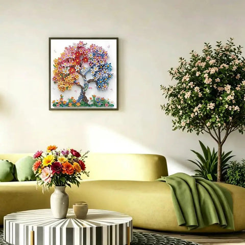 Living room decor featuring a 5D Diamond Painting Kit For Adults Beginners Colorful Flower Tree Special Shape Full Drill Diamond Art Dots Gem Craft Set For Home Wall Decor 12 By 12 Inch Includes Easy Setup Diamond Pen Tray Glue And Tweezers hanging on the wall.