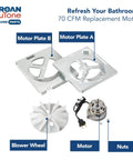 70 CFM Bathroom Exhaust Fan Replacement Motor Kit For DIY Install components including motor, plates, blower wheel, and nuts