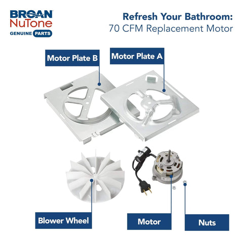 70 CFM Bathroom Exhaust Fan Replacement Motor Kit For DIY Install components including motor, plates, blower wheel, and nuts
