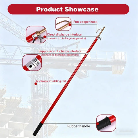 Pro Level Telescoping High Voltage Discharge Rod No Fuss Epoxy Resin Stick for Fast Capacitor Draining and Utility Guy Safety Gear With Slick Pouch Rated 10Kv To 220Kv showcasing copper hook and rubber handle.