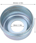 2.72 Inch Bearing Protector With Dust Cover For Trailer And Boat, shown with dimensions and metal construction