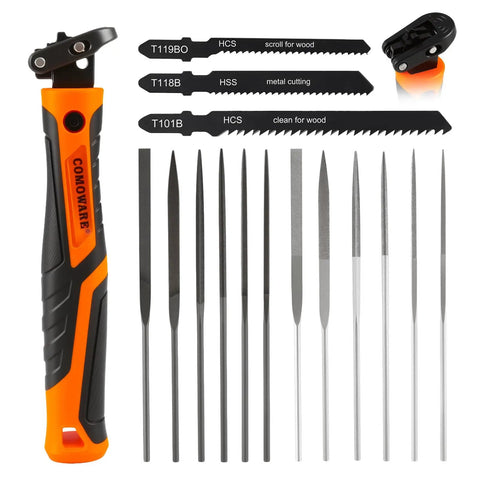 12-Piece Metal Needle File Set With 3 Quick Change Blades And 4 Filing Shapes, diamond coated for metal and ceramic in case