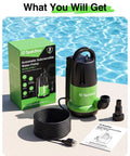Heavy Duty 1 HP Submersible Water Pump With Smart Float Switch Cranks 4000 GPH setup with hose and manual by pool.