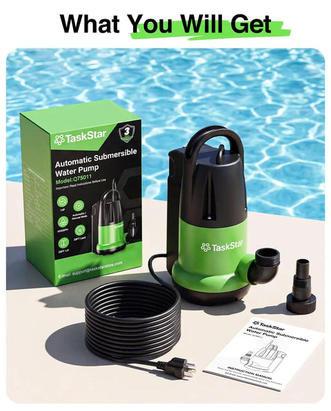 Heavy Duty 1 HP Submersible Water Pump With Smart Float Switch Cranks 4000 GPH setup with hose and manual by pool.