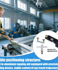 Woman using Top Shelf Aluminum Extrusion Tap Guide With Universal Multi Size Adapter for precise drilling on aluminum profile.
