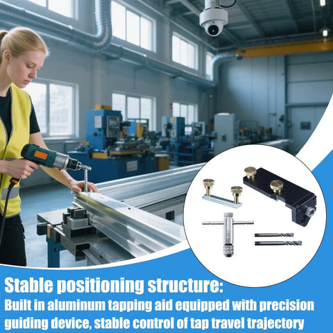Woman using Top Shelf Aluminum Extrusion Tap Guide With Universal Multi Size Adapter for precise drilling on aluminum profile.