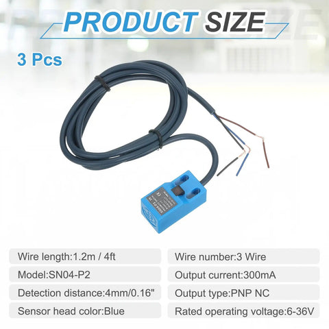 Three-Pack SN04-P2 Inductive Proximity Sensor, DC 6-36V, 300mA, PNP NC, 4mm Sensing Range, 3-Wire, blue metal detecting sensor