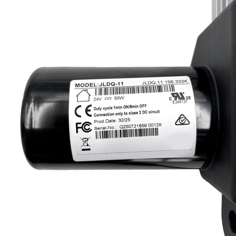 Close-up of JLDQ 11 156 333K Linear Actuator for power recliner with label details visible on black motor casing.
