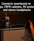 Tonex One Plus AI Guitar Amp And Effects Pedal on amp with guitar, showcasing connectivity options.