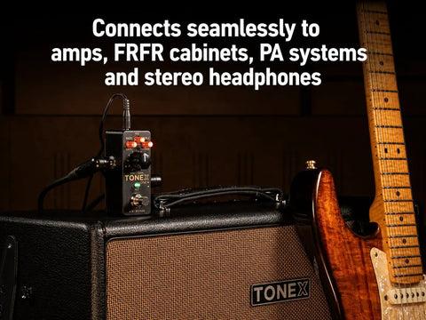 Tonex One Plus AI Guitar Amp And Effects Pedal on amp with guitar, showcasing connectivity options.