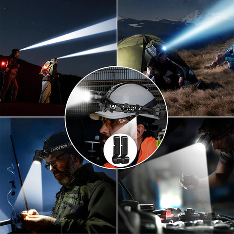 Two Pack Rechargeable Headlamp With Beast Bright LED Beam Motion Sensor Zoom Five Modes 800 Meters Reach 90 Degree Adjustable Headlamp