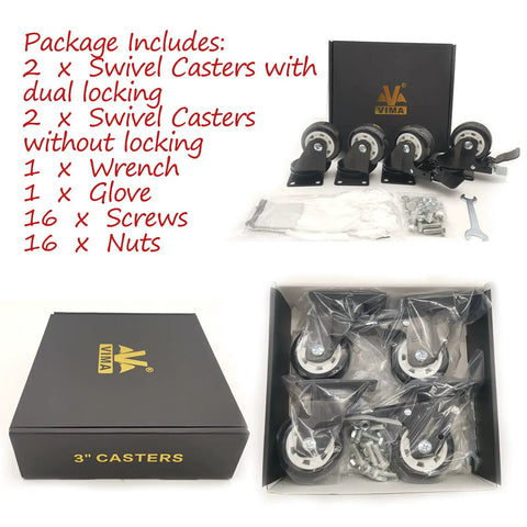 Beefy Heavy Duty Plate Caster Wheels Three Inch PU Noiseless Operation Premium Polyurethane With Double Ball Bearing Steel Lockable Swivel Casters Pack Of Four view