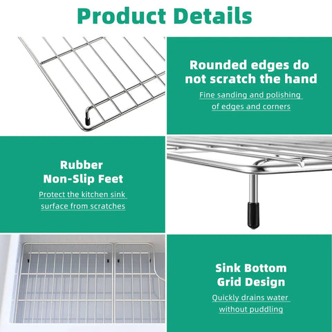 Stainless Steel Sink Racks For Kohler Whitehaven K-6486 K-6487 Two Piece Left And Right Basin Protectors with details of rounded edges, non-slip feet, and grid design.