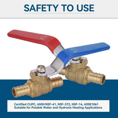 Ten Pack One Half Inch PEX Shut Off Valves Brass Ball Valves With One Quarter Inch Turn Full Port Red Blue Color Coded