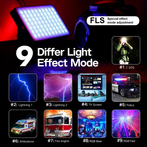 Pro-Grade Pocket RGB LED Video Light with 7200mAh Battery displaying 9 lighting effects modes.