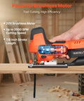 Badass 20V Brushless Cordless Jigsaw, showing brushless motor and LED lamp while cutting wood at 3500 SPM.