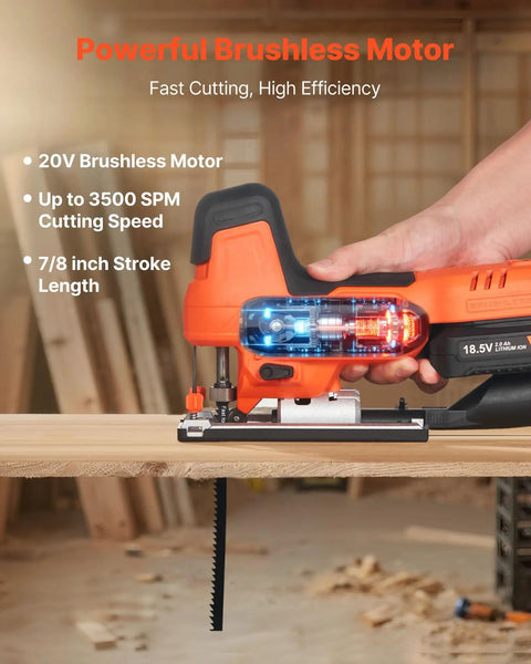 Badass 20V Brushless Cordless Jigsaw, showing brushless motor and LED lamp while cutting wood at 3500 SPM.