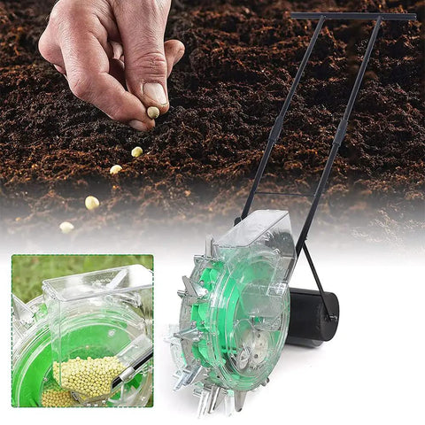 Hand using Walk-Behind Broadcast Spreader And Roller Seeder With 12 Seed Plates for residential seeding in garden soil
