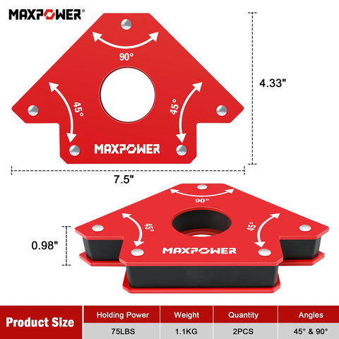 MAXPOWER welding magnets 2-piece red set, 75 lb holding power with 45°/90° angle magnets; front and side views.
