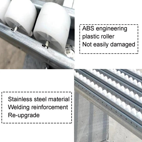Close-up of Light Duty Skate Wheel Conveyor Rail With Abs Roller Flow Rack showcasing ABS rollers and stainless steel frame details.