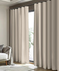 Smooth Move Blackout Room Divider Curtain Panel For Living Room Bedroom Office Privacy Screen Wall Hanging Track Compatible Beige Worry Free Setup Solid Light Blocking Fabric 100 X 96, hanging by a large window.