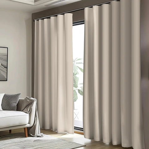 Smooth Move Blackout Room Divider Curtain Panel For Living Room Bedroom Office Privacy Screen Wall Hanging Track Compatible Beige Worry Free Setup Solid Light Blocking Fabric 100 X 96, hanging by a large window.