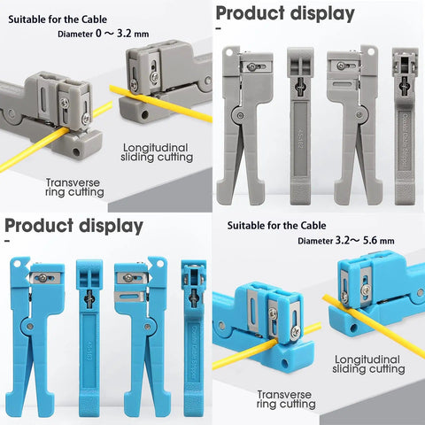 Coaxial Cable Stripping Cutter Tool With Four Beefy Blades And Jacket Stripper For Coaxial And Fiber Optic Cables, Cable Cutter And Crimper 45-162 And 45-163, Pro Grade DIY Tech Gear, displayed with cables in cutting positions