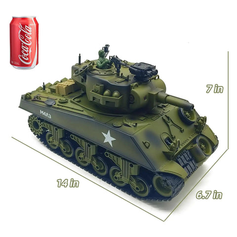 Remote Control Battle Tank 15 Channel 2.4GHz RC Tank One Twentieth Scale Sherman M4A3 with Coke can for scale, turret detail.