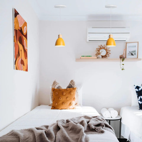 Kiven Instant Light Conversion Kit for 4/5/6inch Hole,Metal Farmhouse Lighting above beds in a cozy room with yellow pendants.