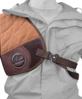 Adjustable Rifle And Shotgun Field Shield Recoil Pad with Leather Shirt Vest on Jacket