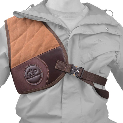 Adjustable Rifle And Shotgun Field Shield Recoil Pad with Leather Shirt Vest on Jacket