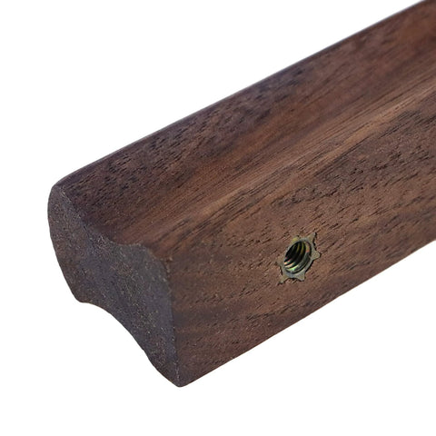 Close-up of Six Piece Walnut Wood Drawer Handles Set With 2.5 Inch Hole Centers showcasing screw insert and grain texture.