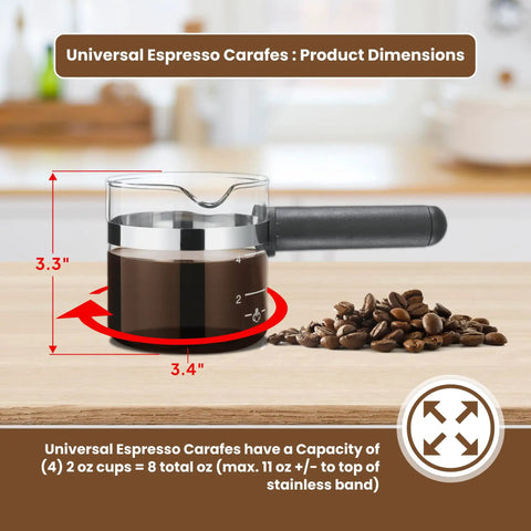 Premium 4 Cup Universal Glass Espresso Carafe Replacement with measurements, durable German borosilicate glass, easy pour spout, fits most espresso machines
