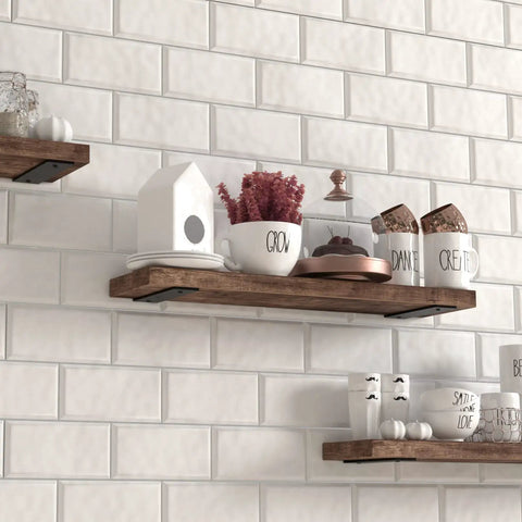 Wooden shelf with Six Inch Floating Shelf Brackets, Built Tough Heavy Duty Hidden Mounts for wall, decorated with kitchen items.