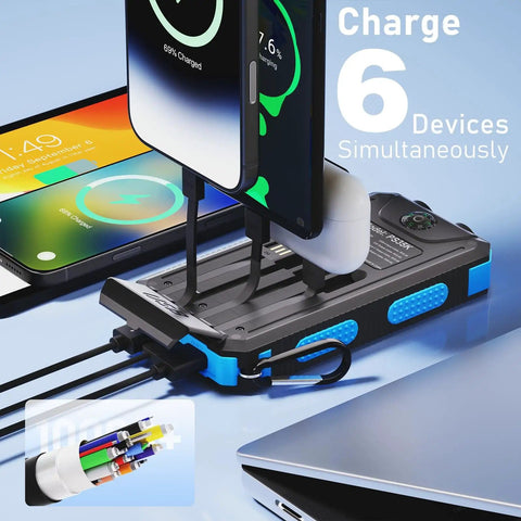 Outdoor Solar Power Bank 20,000mAh Portable Charger With USB C And 3 USB Ports 4 Included Cables charging multiple devices
