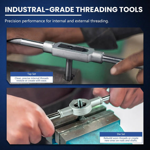 80 Piece Tap And Die Set SAE And Metric For Internal And External Threads, Pro Grade Threading Tool Kit close-up in use