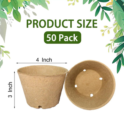 50 Pack 4 Inch Biodegradable Seed Starter Pots With Drainage Holes for Indoor and Outdoor Gardening, product size display