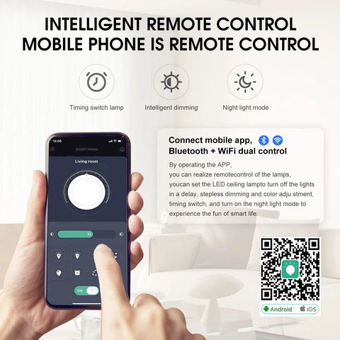Smartphone controlling Rectangular LED Ceiling Light With Dimmable Remote 60W Front Light And 5W RGB Backlight via app.